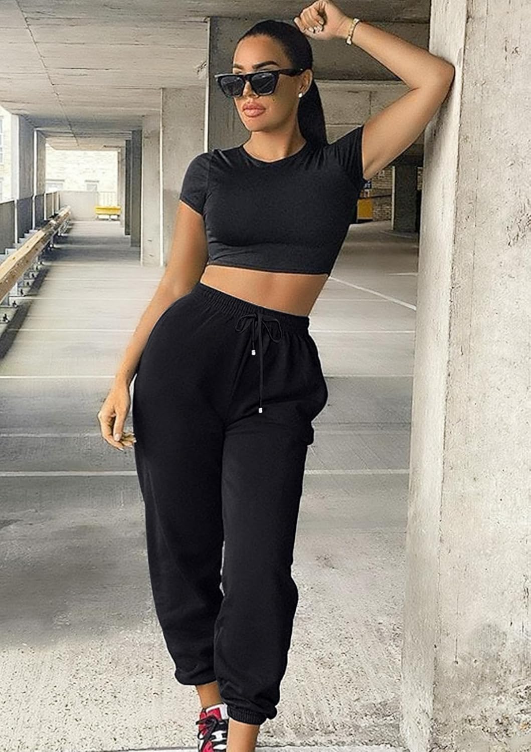 Womens Cinch Bottom Sweatpants Pockets High Waist Sporty Gym Athletic Fit Jogger Pants Lounge Trousers - Image 3