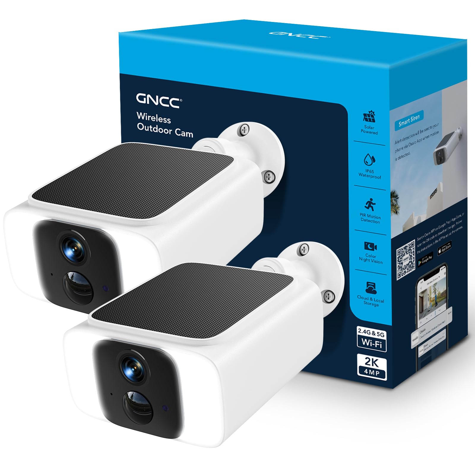 GNCC 2K Cámara Vigilancia Exterior Solar, WiFi 2.4/5GHz, IP66, 2 Paquetes | Panel Solar Integrado, Visión Nocturna Color, Détection Humaine PIR, Audio Bidireccional, Instalación 100% inalámbrica, Alexa