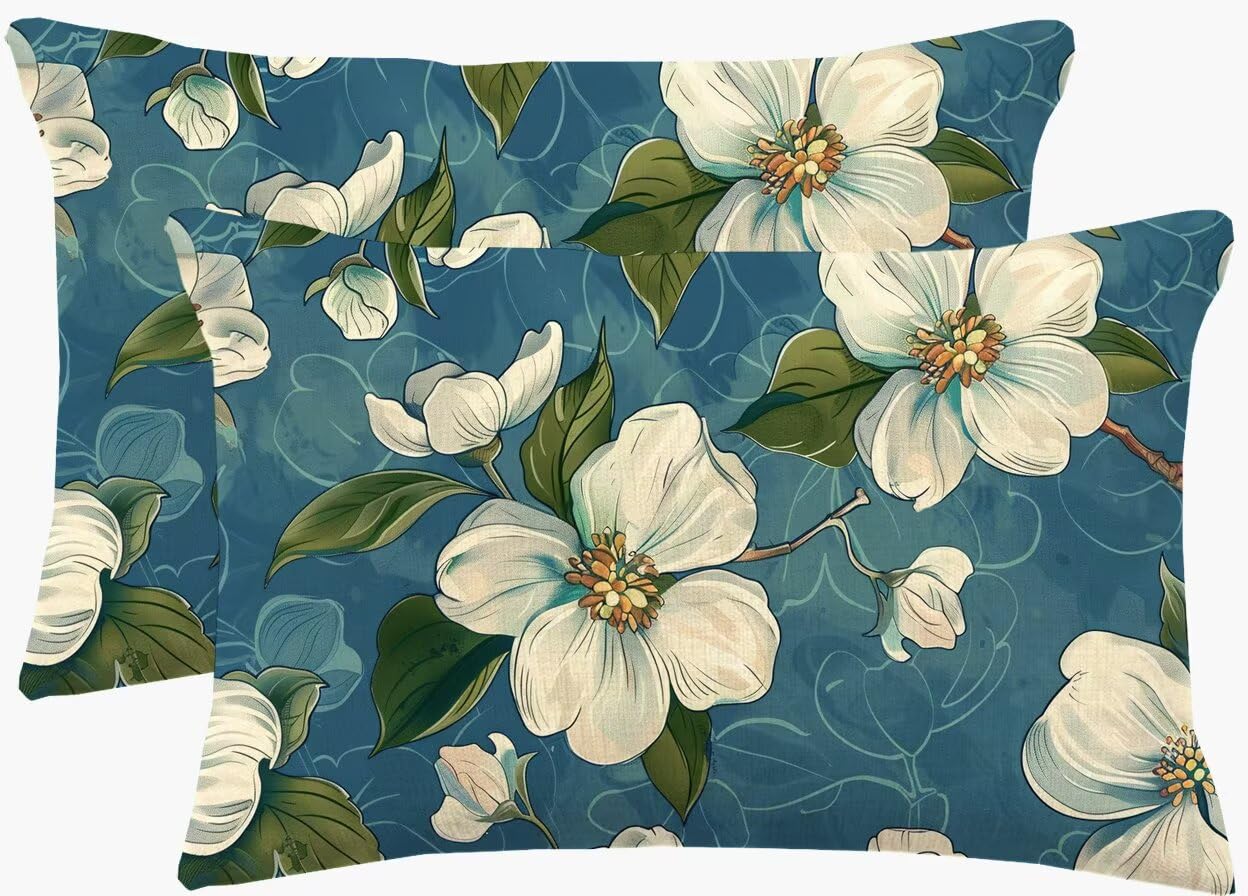 Housse coussin 50x60 cm en lin blanc lot de 2 fleurs d'été