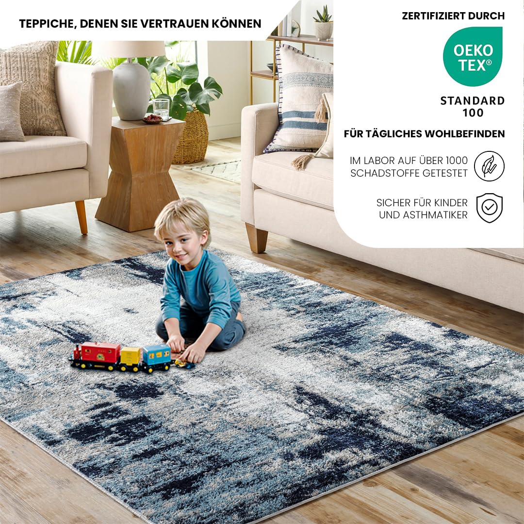 Livabliss Helsinki Wohnzimmer modern – Abstrakt Design in Marmor Optik für Wohnzimmer 120x170 cm, Esszimmer, Schlafzimmer - Marmor e groß, weicher Kurzflor in Blau, Weiß und Grau