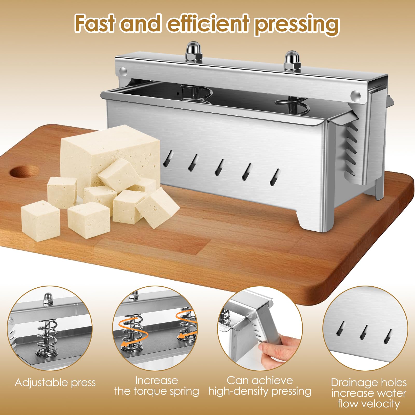 Prasa do tofu ze stali nierdzewnej, 21 x 10,5 x 8,5 cm, z regulowanym naciskiem i ściereczką 60 x 60 cm, duża siła dźwigni dzięki sprężynie dynamometrycznej, rowki odpływowe, nadaje się również