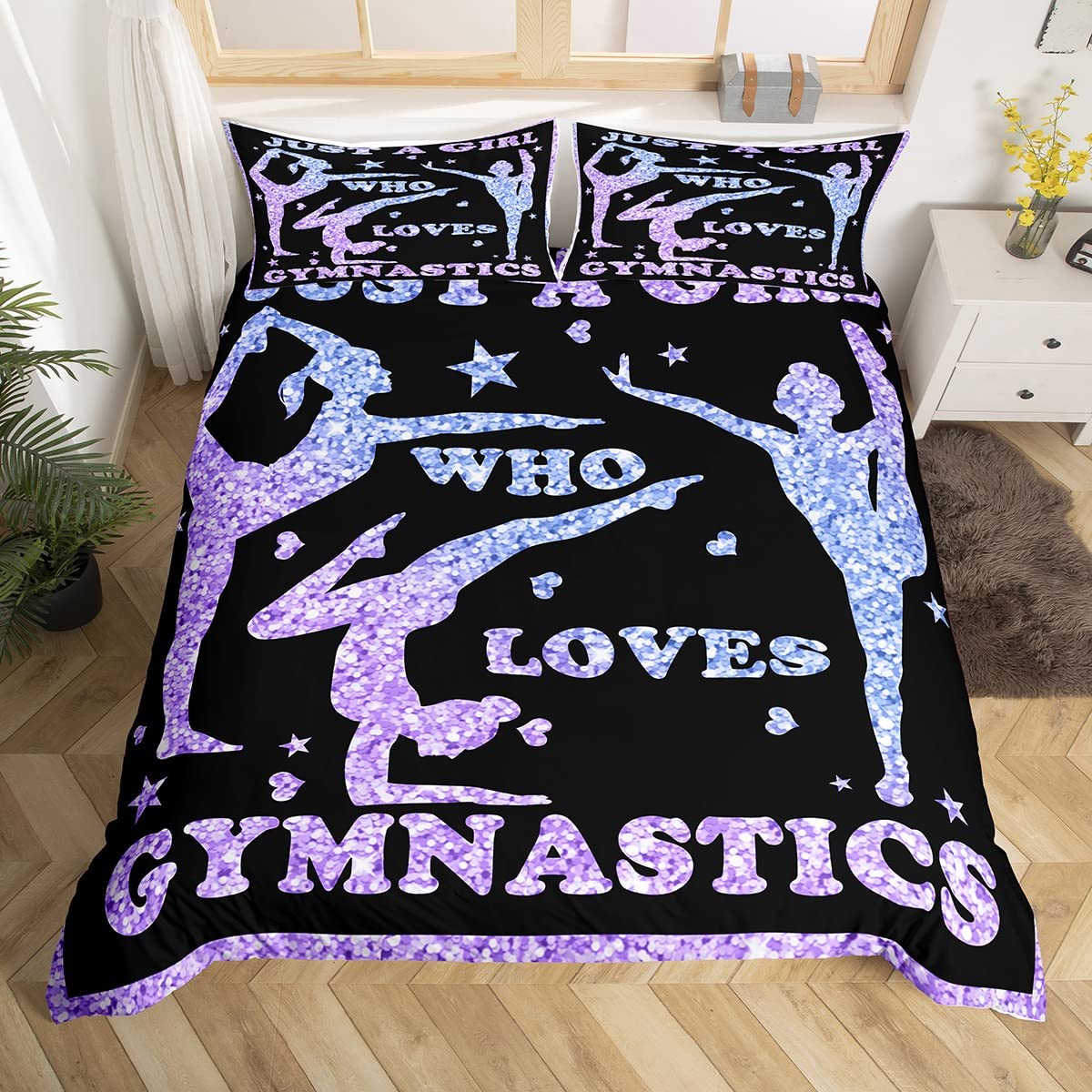 Gymnastics Bedding Set Girls Gymnastics Lovers Bedding Duvet Cover Set for Daughter Girls Kids Gymnast Sports Decor Comforter Cover Set Purple Glitter Bedspread Cover Bedroom Quilt Cover King Size