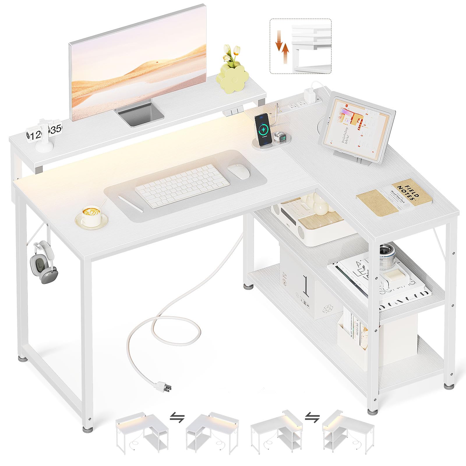 MOTPK White L Shaped Desk With Power Outlet