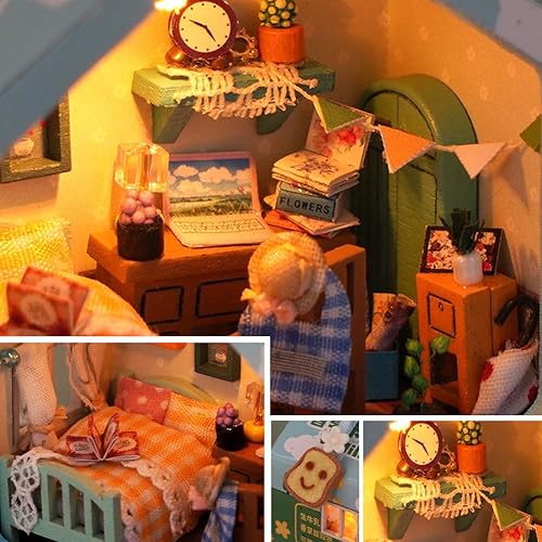 Miniatura 3 de Kit de casa de muñecas en miniatura de 2 piezas, kit de modelo de casa de muñecas de madera en miniatura con luz LED para adolescentes y adultos