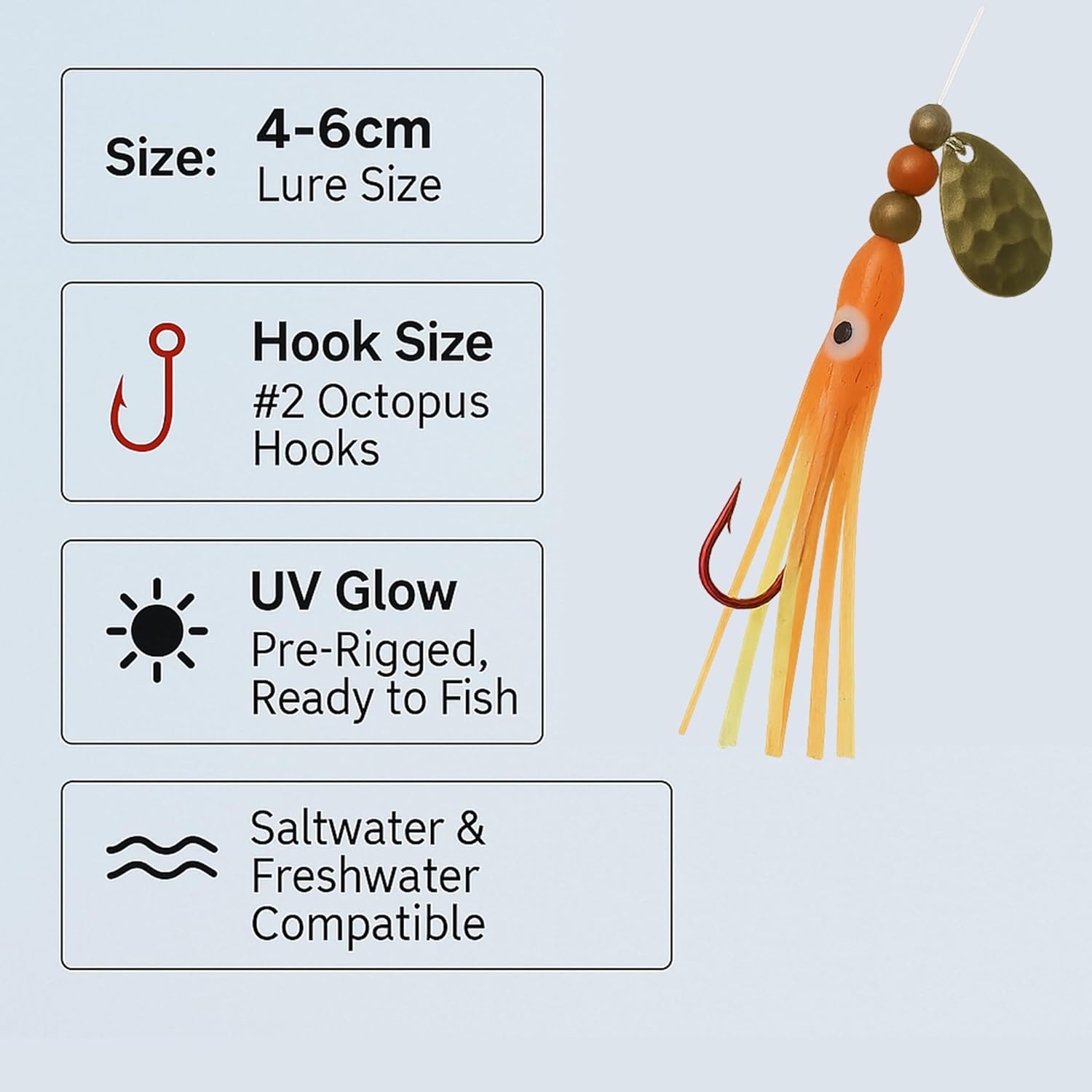 Squid Fishing Hoochies 10 Pack -Glow Fresh Water Kokanee Salmon Trolling Lures with Pre-Rigged Octopus Hooks - Spinner Blades, Synthetic Skirts Kokanee Hoochies for Salmon Fishing