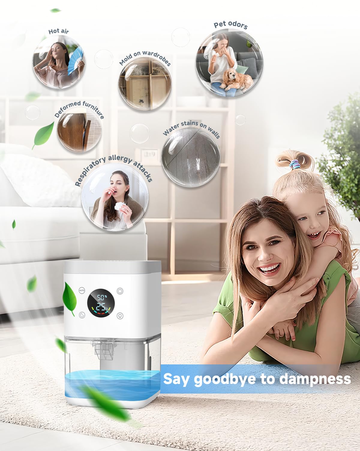 Deumidificatore 1800ML, Deumidificatore Casa Muffa, Desumidificatore silenzioso con timer, filtro e disiumidificazione intelligente, purificatore dell'aria-Bianco