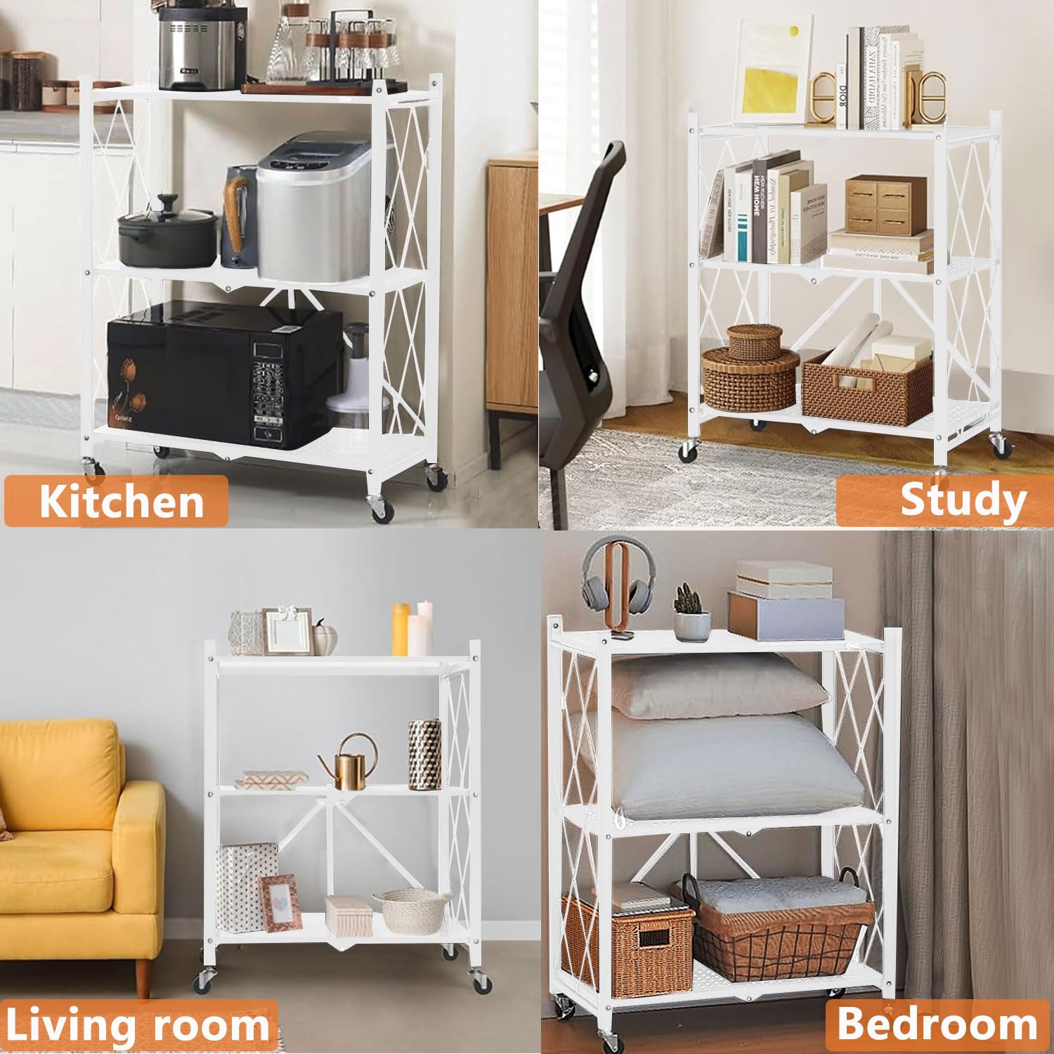 devesanter Scaffale pieghevole con ruote, 3 livelli, pieghevole, da cucina, in piedi, non richiede installazione, per cucina, dispensa, ufficio (bianco)