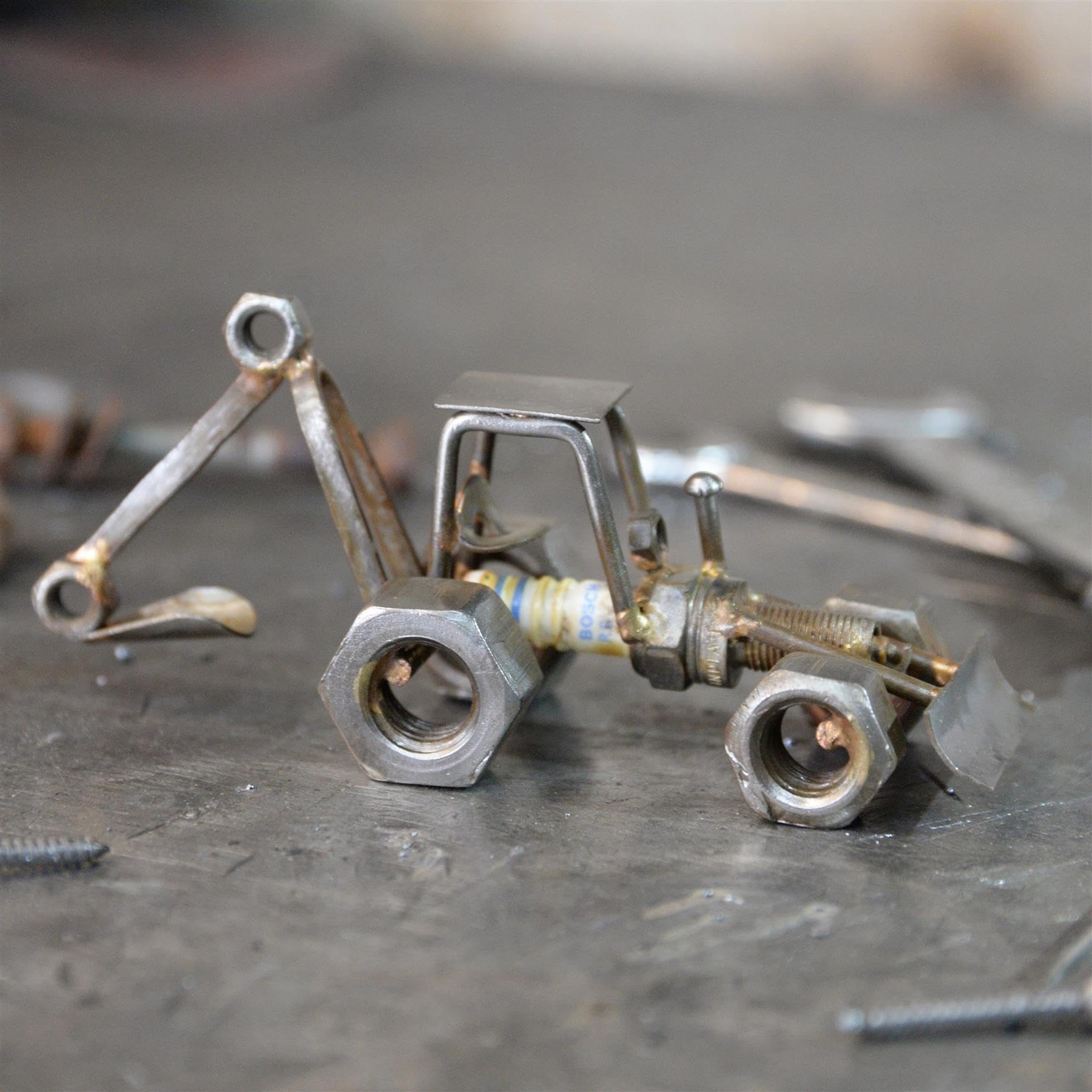 Black Country Metal Works Silver Rustic Digger Sculpture Scrap Metal Art Ornament Recycled Home Decor Made From Nuts And Bolts - 6Cm