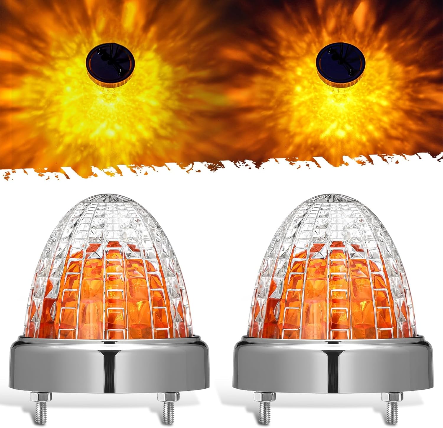 Partsam 2Pcs Glass Watermelon Lights Dual Lens Amber LED Side Marker Turn Signal Lights Chrome Bezel, Outter Trapezoid Innner Diamond-Shaped for Peterbilt Freightliner Trucks Trailers RVs, 10-30V