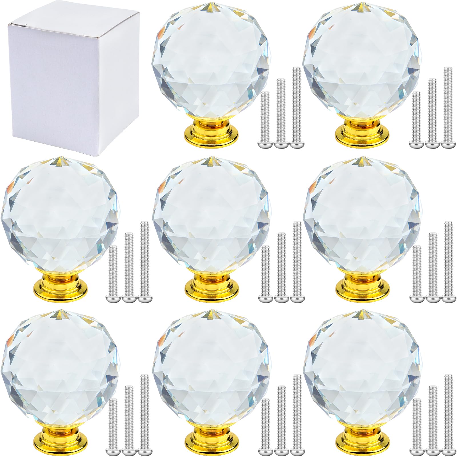 LHNNDM 8 Pcs 40mm Crystal Glass Cabinet Door Knobs, Screws for Home Kitchen Office Cabinet Drawer Decorating (Diamond-Shaped, Gold-Base Black) (Gold-Base Transparent, Round)
