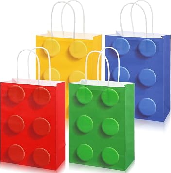 Sabary 12 Pcs Building Block Party Favor Gift Bags, Bricks Candy Treat Paper Bags, Gift Goodie Bag with Handle for Building Block Birthday Party Baby Shower Decoration Supplies