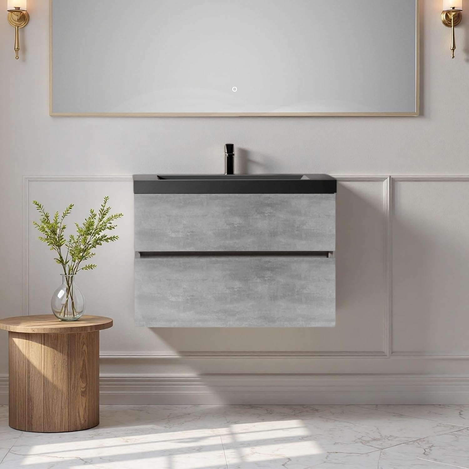 30" Bathroom Vanity with Sink, Floating Bathroom Vanity with One-piece Quartz Sand Basin, 2 U-Shaped Storage Drawers & Hidden Handles, Modern Home Wall-Mounted Vanity, Cement Grey