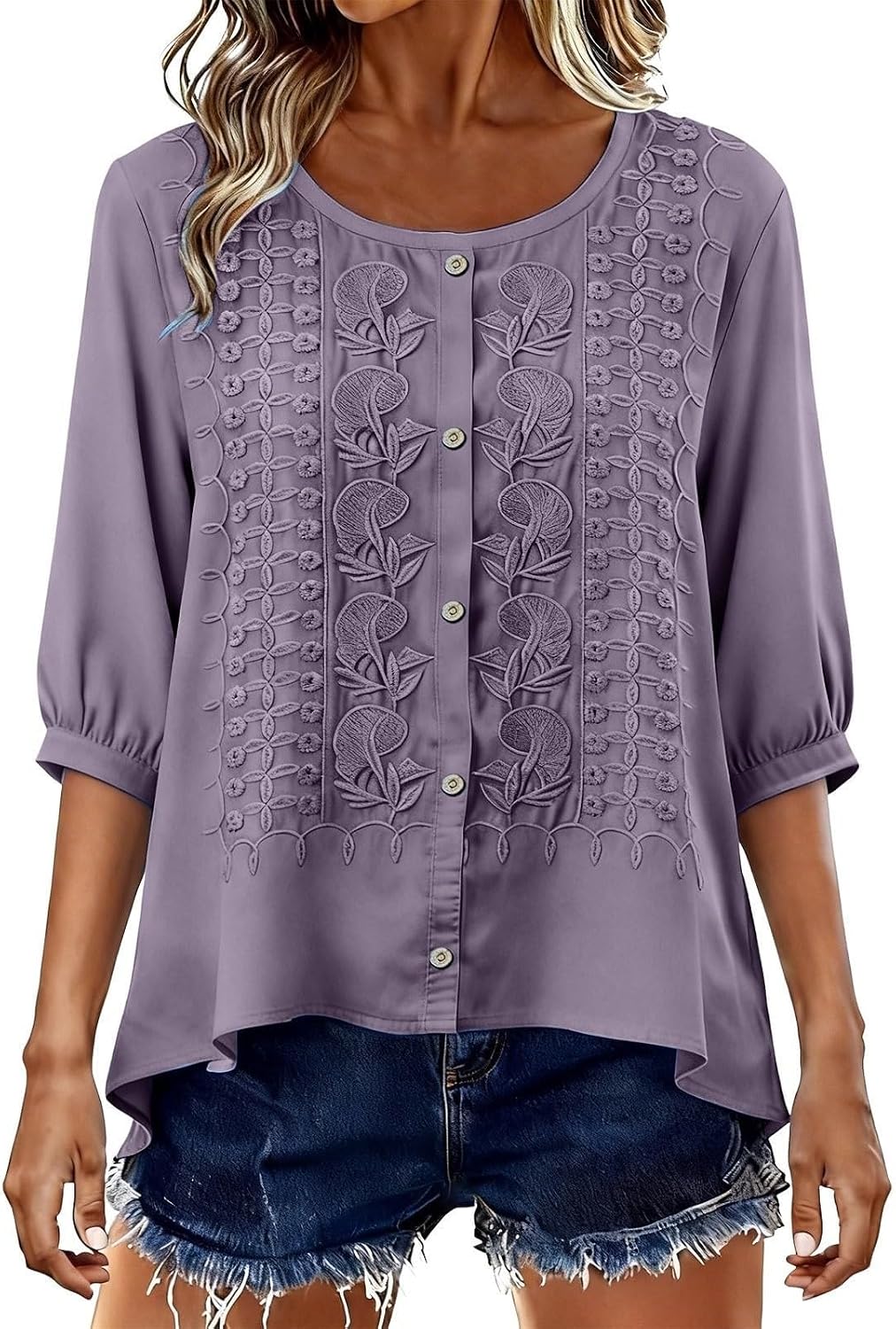 Embroidered Tops Womens Linen Shirts Trendy Summer Boho 3/4 Sleeve Puff Blouses 2026 Dressy Casual Vacation Clothes