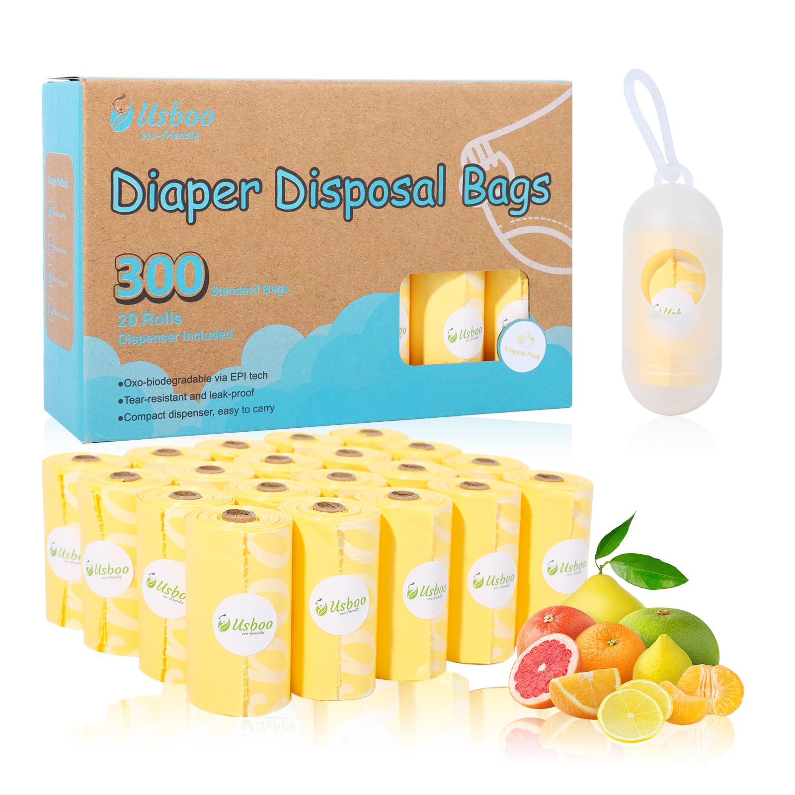 USBOO Diaper Disposal Bags - 20 Refill Rolls/300 Pack Baby Poop Bag with Dispenser | Tropical Fruit Scented | Leak Proof & Trash Bags for Diapers | Baby Essentials