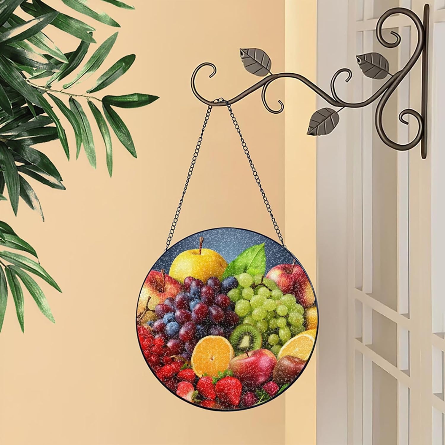Stained Glass Window Hanging 6in（15cm）, Fruits Glass Suncatcher for Home Decor, Indoor Wall Art Glass Panel with Metal Chain and Hooks, Sun Catcher Ornament Birthday Gifts