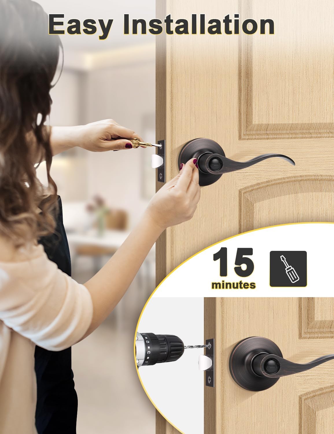 Mengico 10 Pack Privacy Door Handle,Oil Rubbed Bronze Interior Door Lock,Bedroom Door Handles Bath Bed Door Lever,Reversible Wave Lever Handles