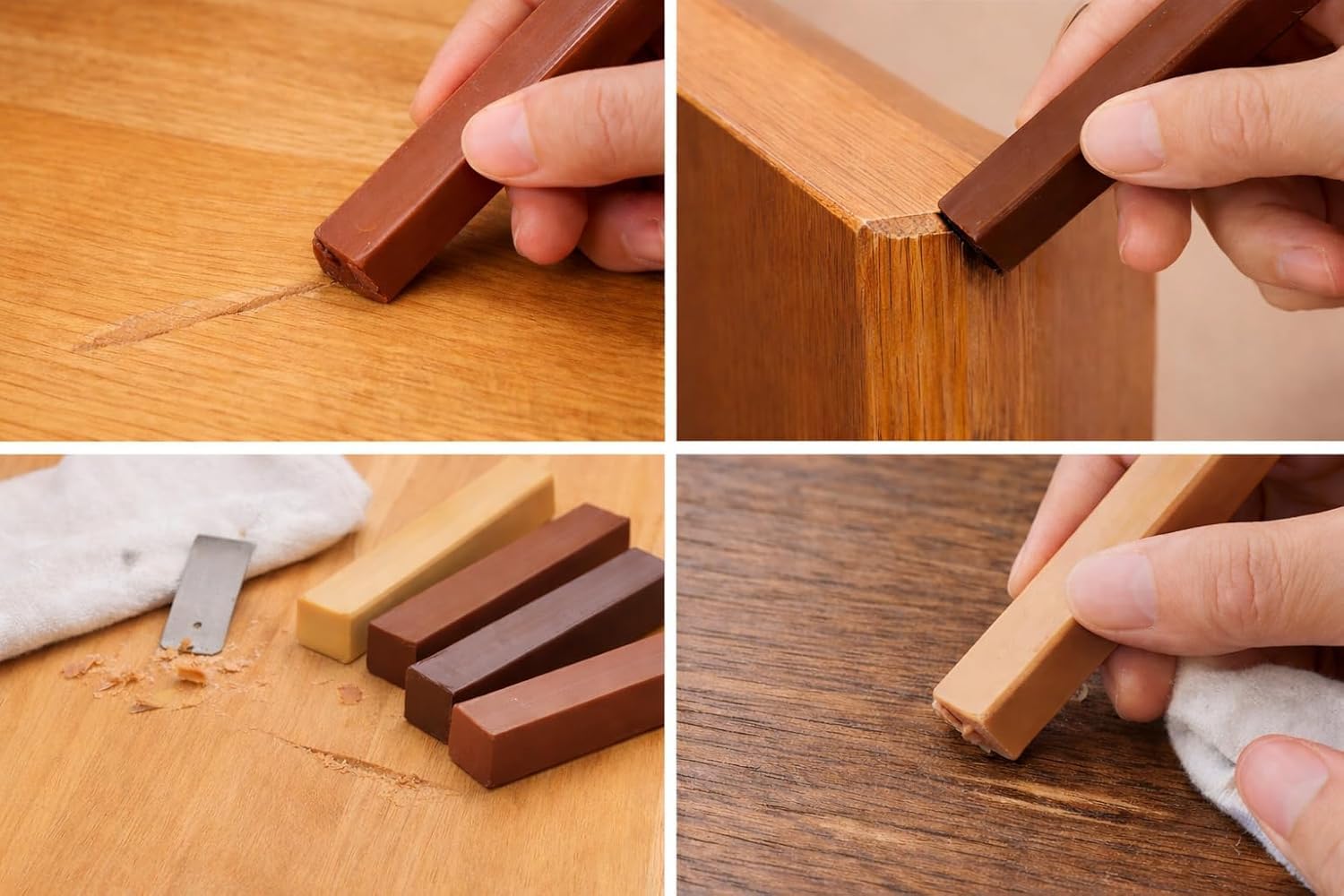 Kit de 4 varillas de cera para retoque de madera – Juego de 4 barras de cera natural para arañazos y surcos de madera – 1 cereza, 1 teca, 1 nuez clara, 1 nuez mediana
