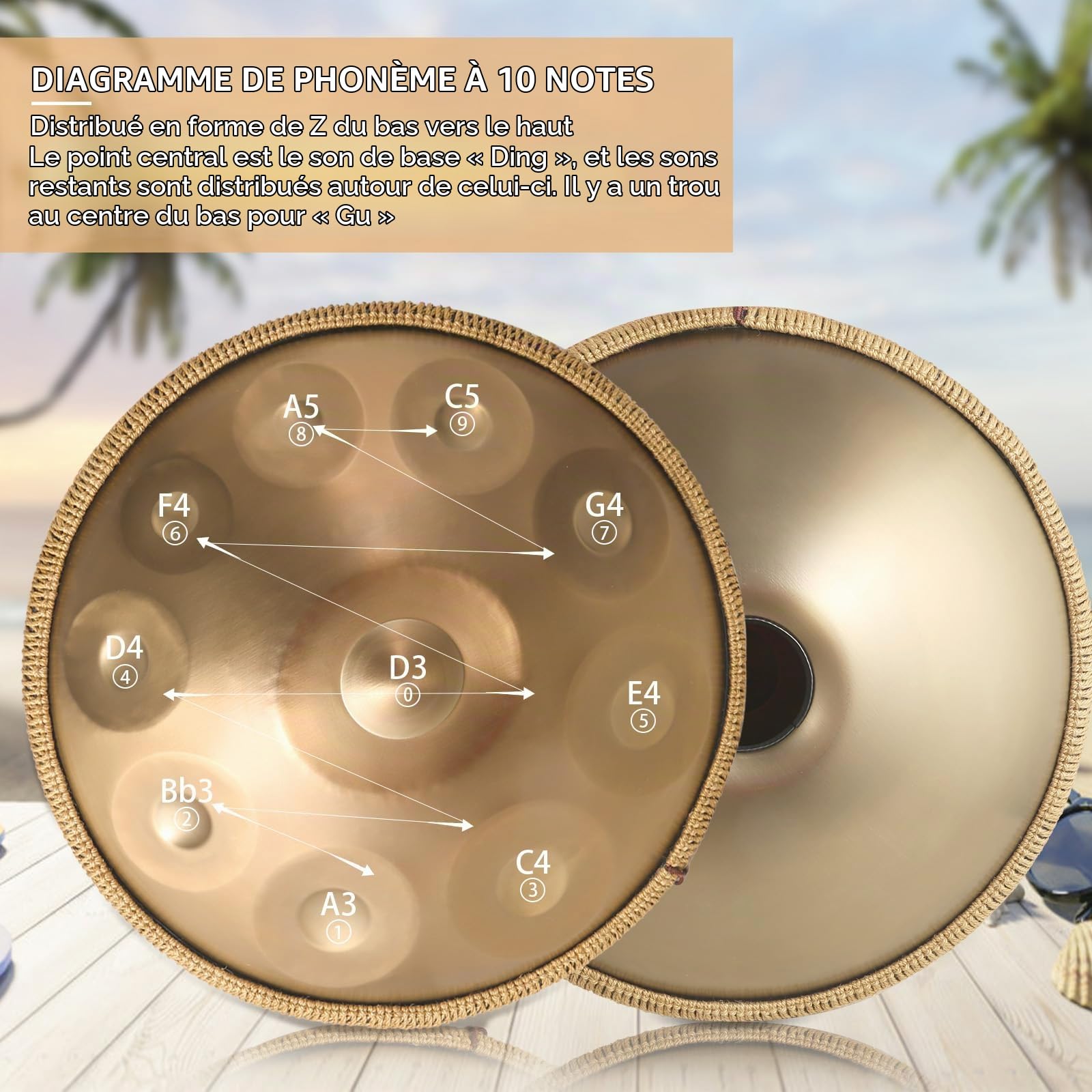 Zannefoo Handpan Drum, Or Steel Hand Pan Tongue Drum D Minor 22 Pouces 10 Tons 432 Hz pour Yoga, Méditation avec Sac à dos, Maillets, Support de Batterie, Chiffon