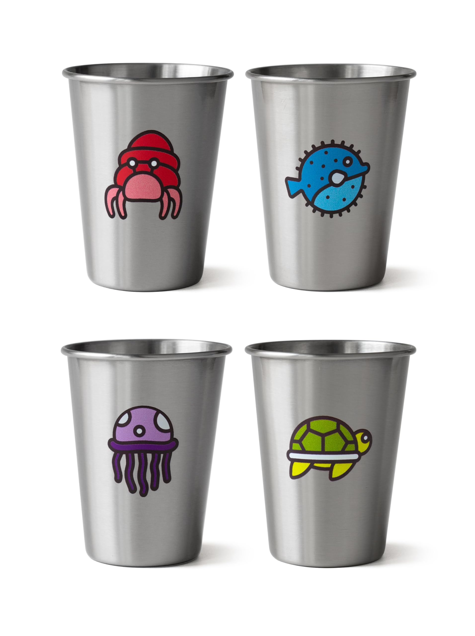 12oz Stainless Steel for Kids, Sea Animals, Set of Four (4) Kids - BPA Free, Reusable and Eco Friendly Metal Toddler - Sippy , Kid Proof , Metal