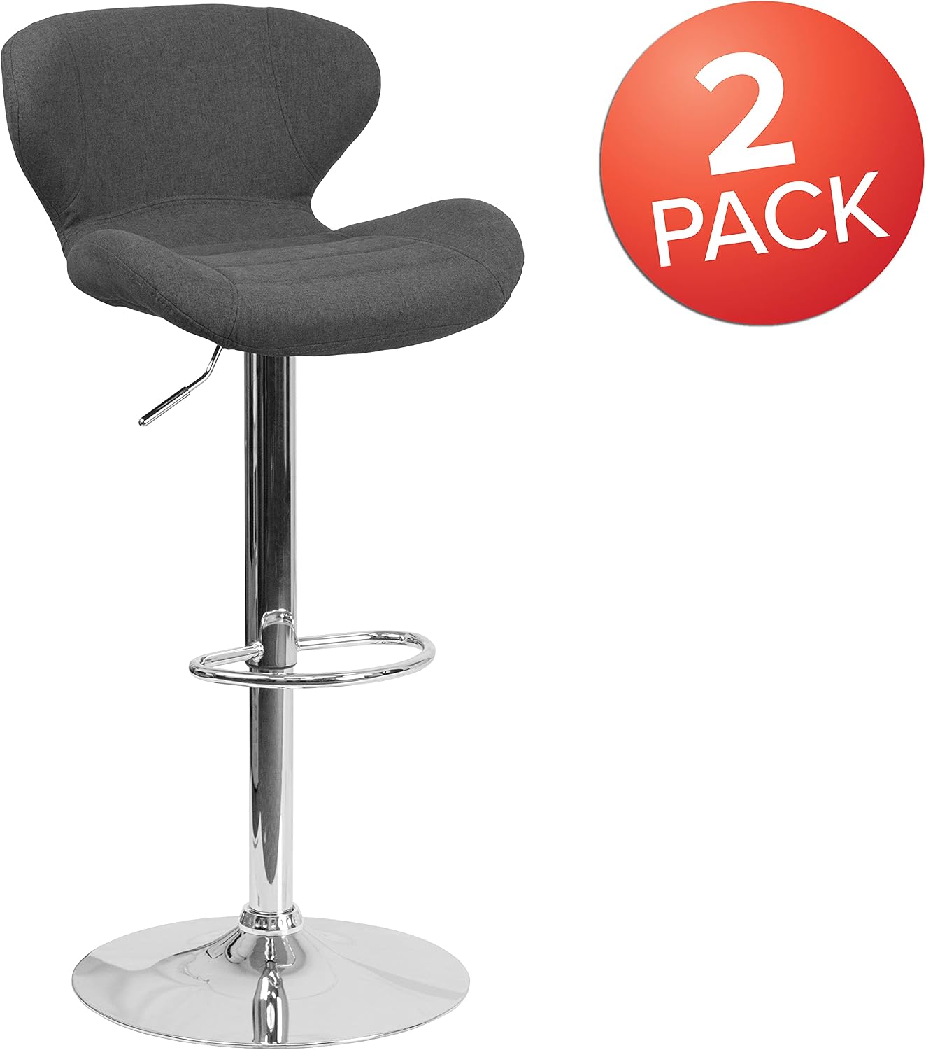 EMMA + OLIVER 2 Pack Contemporary Charcoal Fabric Adjustable Barstool - Curved Back & Chrome Base