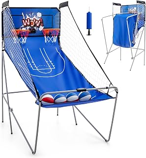 LIFEZEAL Elektrischer Basketballautomat, Baskeltballständer klappbar mit 4 Bällen & Luftpumpe, Arcade Automat mit 8 Spielmodi, Basketball Automat für 2 Spieler, Sport für drinnen & draußen (Blau)