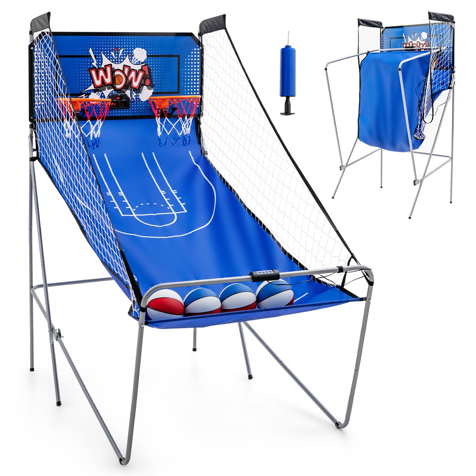 LIFEZEAL Elektrischer Basketballautomat, Baskeltballständer klappbar mit 4 Bällen & Luftpumpe, Arcade Automat mit 8 Spielmodi, Basketball Automat für 2 Spieler, Sport für drinnen & draußen (Blau)