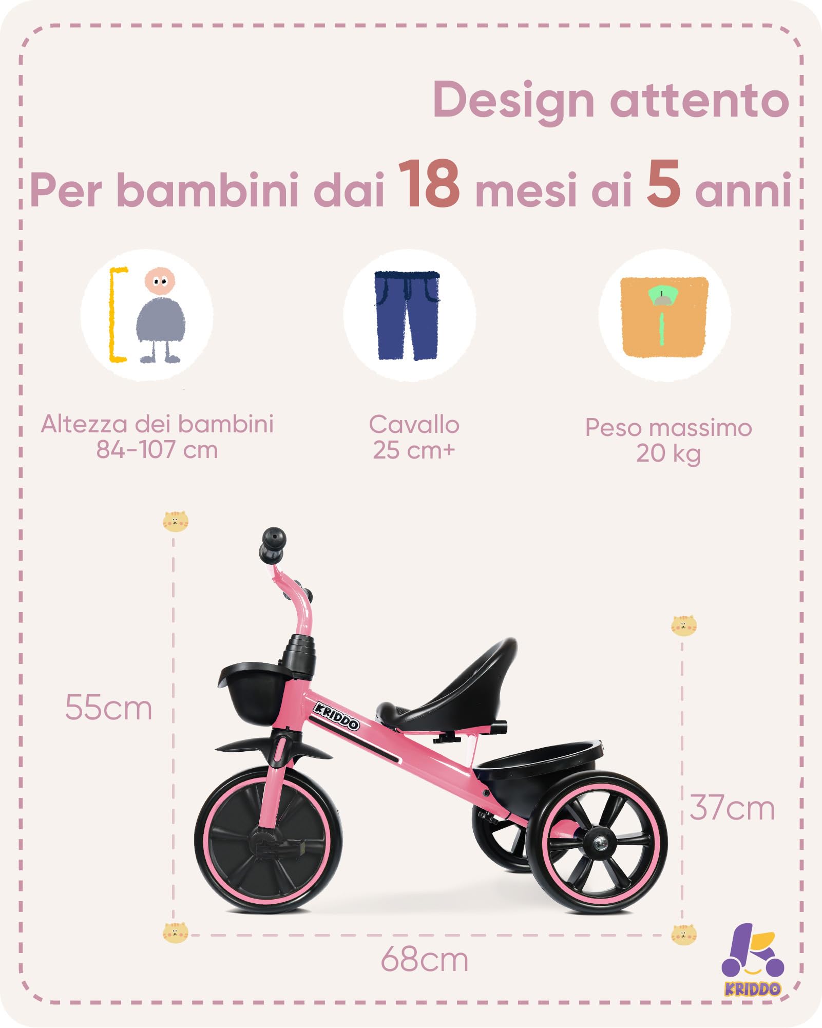 Triciclo 2 In 1 KRIDDO Per Bambini 18 Mesi-4 Anni - Con Maniglione Regolabile E Campanello - Foto 9