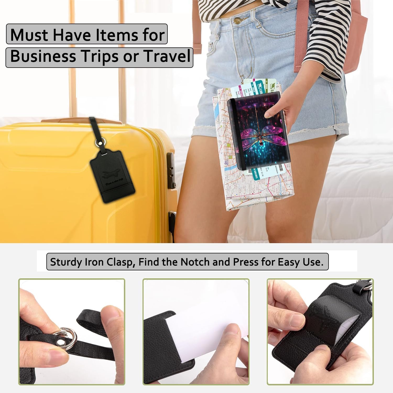 Passport Holder for Travel with Luggage Tag, PU Leather Passport Wallet with RFID Blocking for Women Men, Multi Card Slot Passport Cover Case, Red Dragonfly image 5