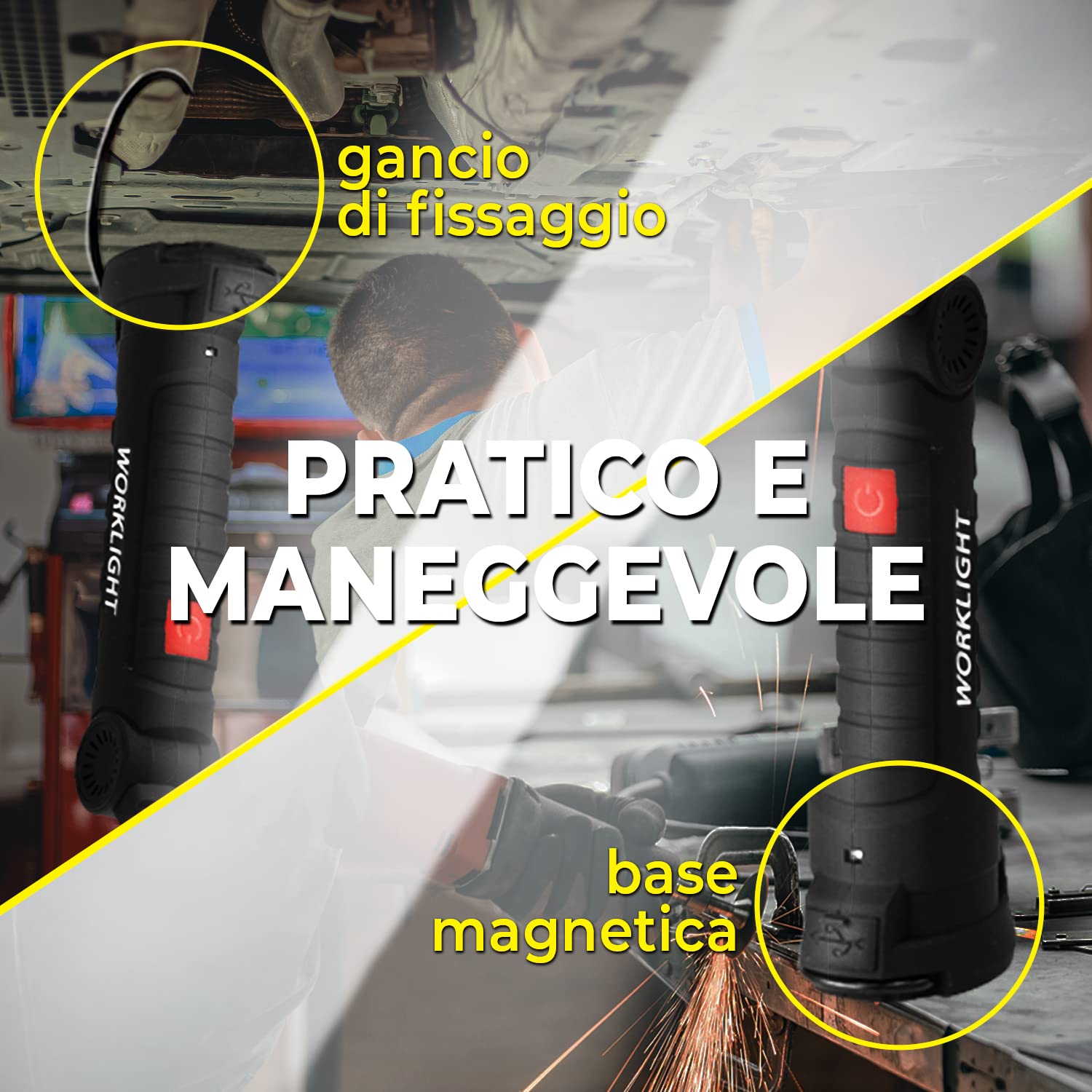 Lampada LED Ricaricabile da Lavoro, Set di 2 Torce Ricaricabili USB Magnetiche COB Pieghevoli a 360° con Gancio, 5 Modalità, Lampada Portatile per Officina, Auto, Emergenza e Campeggio