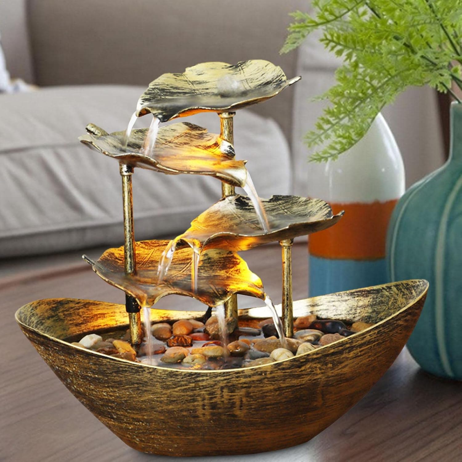 LEDライト付き卓上噴水、デスクトップ噴水ミニ滝、屋内卓上噴水水機能LEDライトポリレジン彫像家の装飾