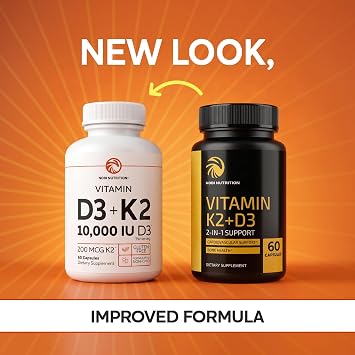Vitamin D3 K2, 10000iu D3 + 200mcg K2, Bone, Immune, Energy & Mood Support