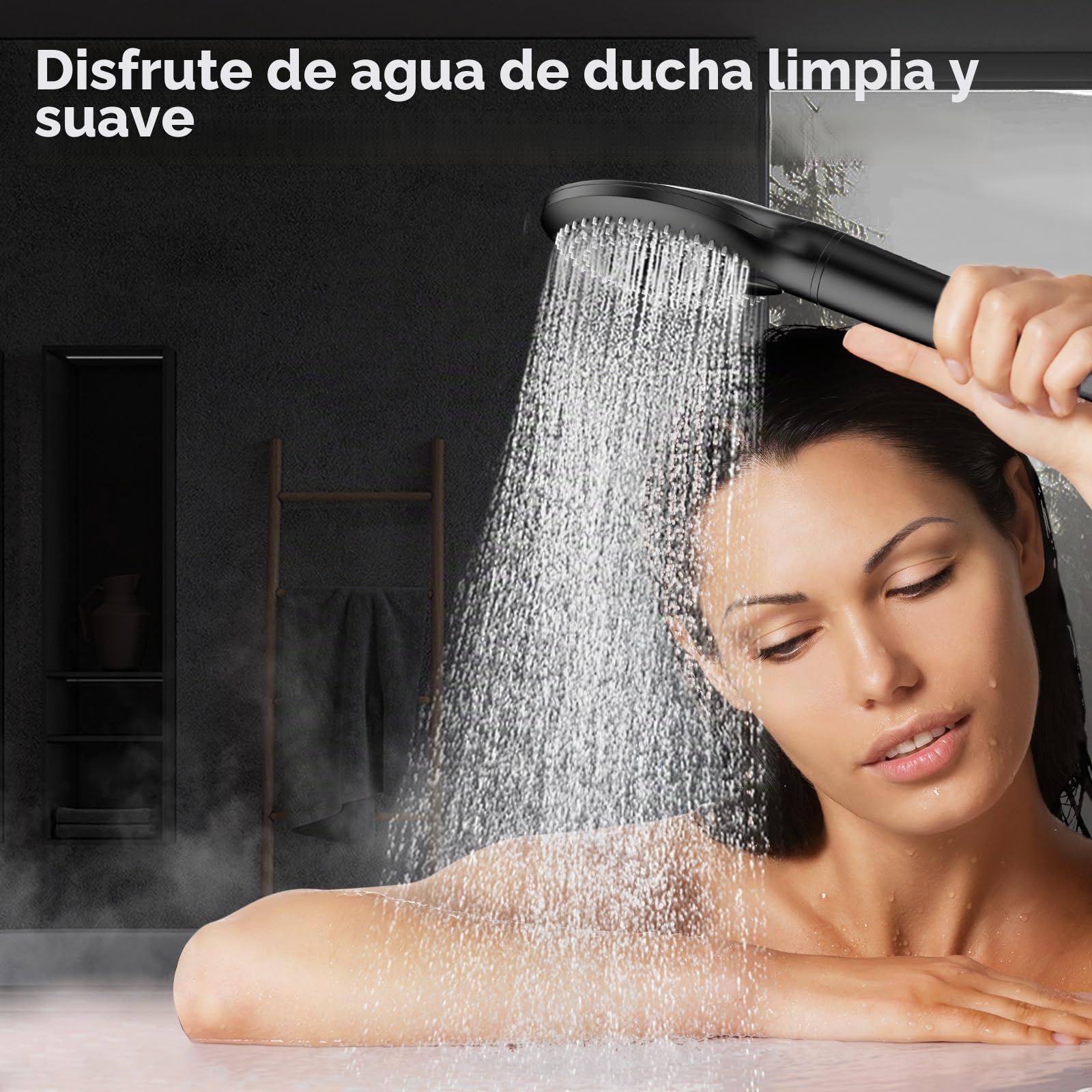 MEKO Alcachofa de ducha con filtro, manguera de 1,5 m, alta presión, color | Cabezal de ducha de ahorro con 3 chorros, reduce el cloro residual, bacterias y metales pesados en agua dura