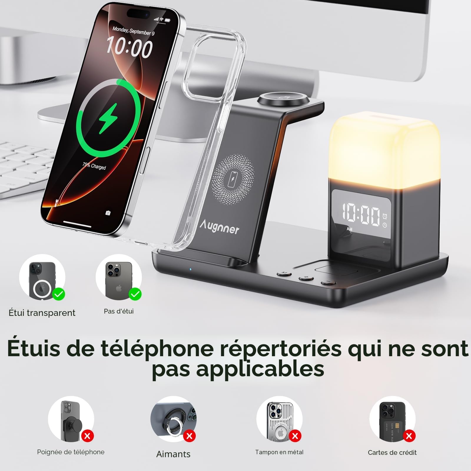 Station de Charge pour Apple, Chargeur Induction 6 en 1 avec Lampe de Nuit et réveil pour iPhone 17/16/15/14/13/12/11,Chargeur sans Fil Convient pour Apple Watch Series & AirPods Adaptateur Inclus