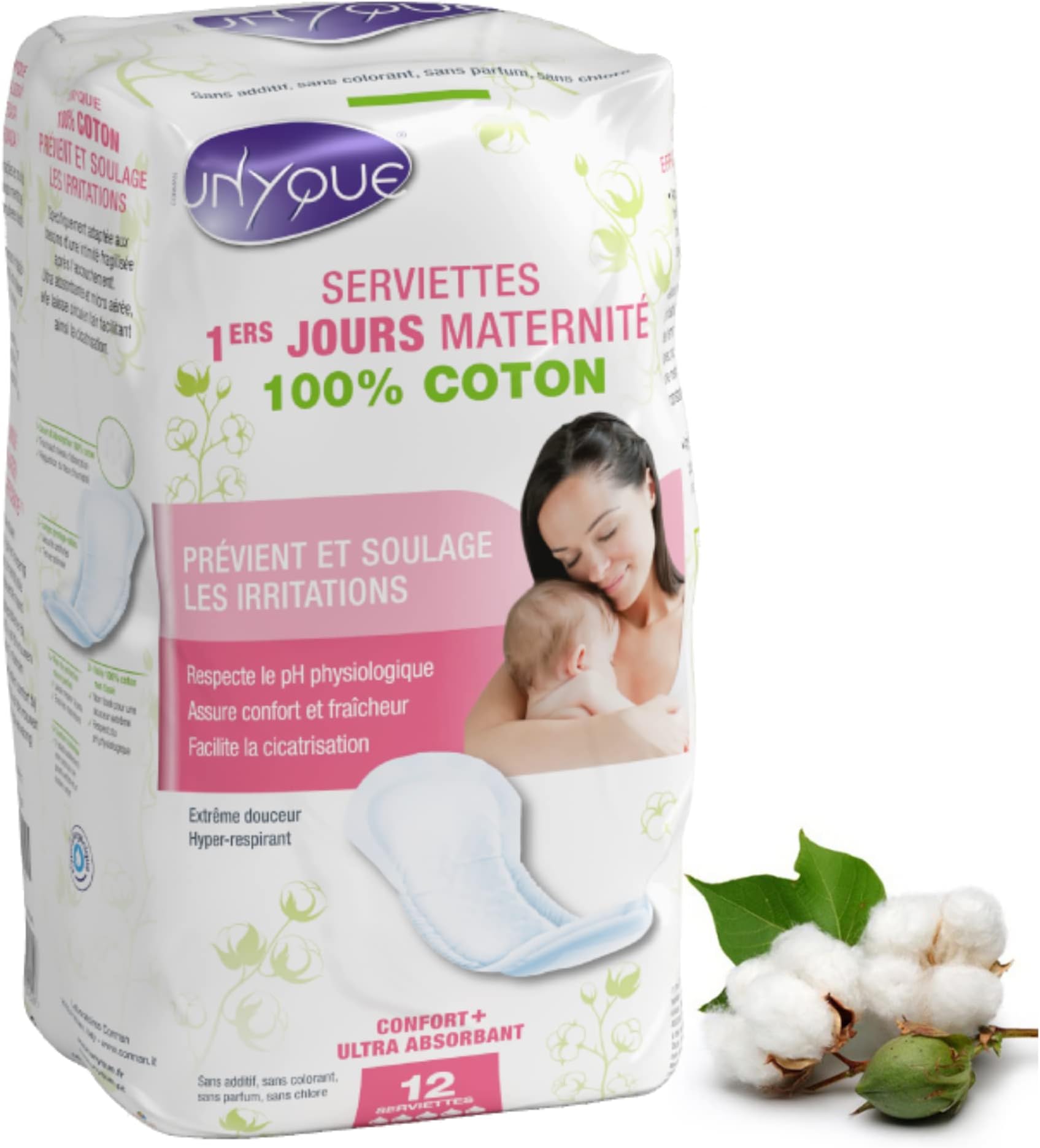 UNYQUE 100% Hypoallergenic Pure Cotton Maternity Pads - Prevents Post-partum Suture Infections - Extreme Softness Super Padded, Disposable and Absorbent, Pack of 12