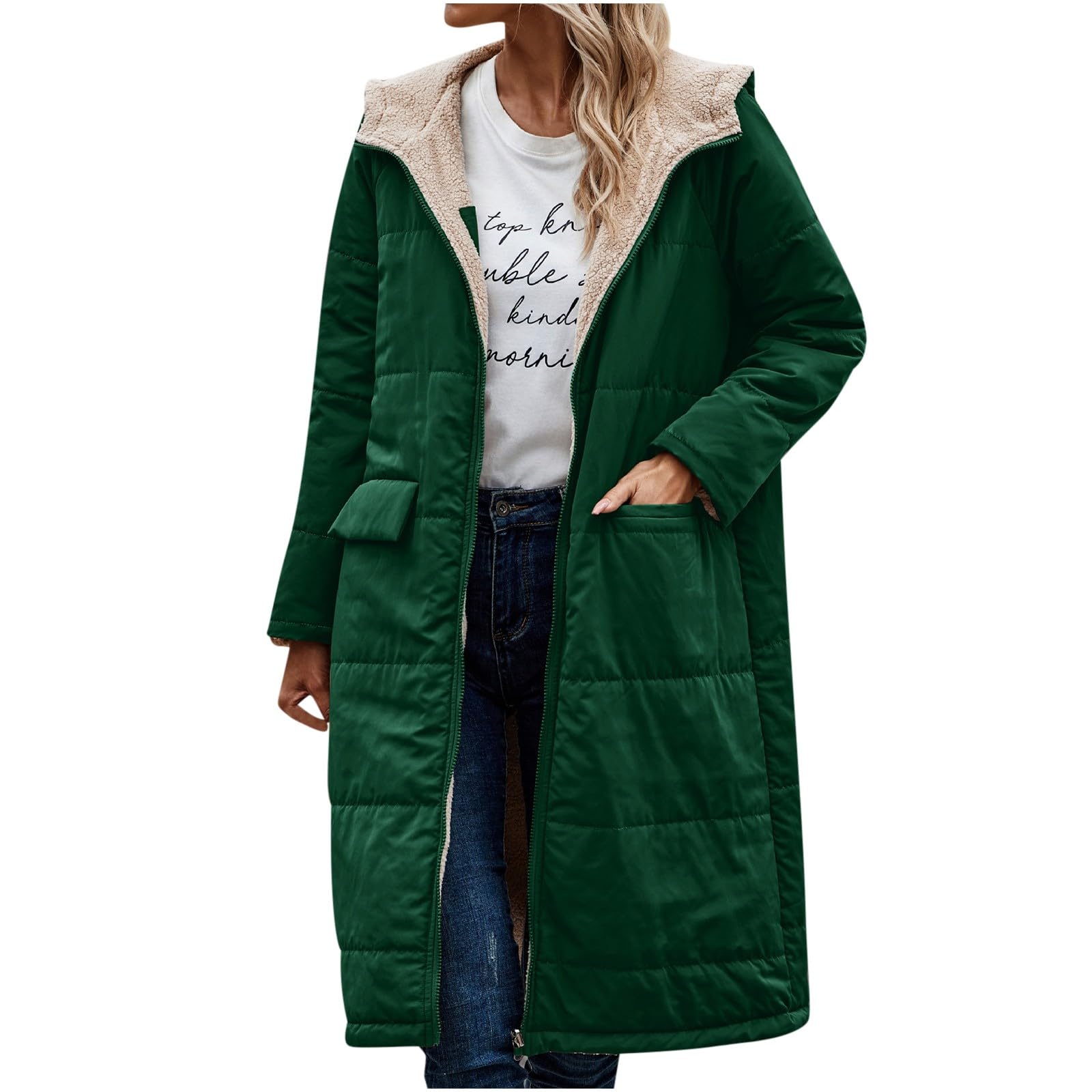 Vestes d'hiver doublées en polaire pour femme - Manteau long à capuche coupe-vent avec poches - Coupe ajustée - Trench à manches longues - Chaud - Pour l'extérieur, la randonnée, la marche en plein
