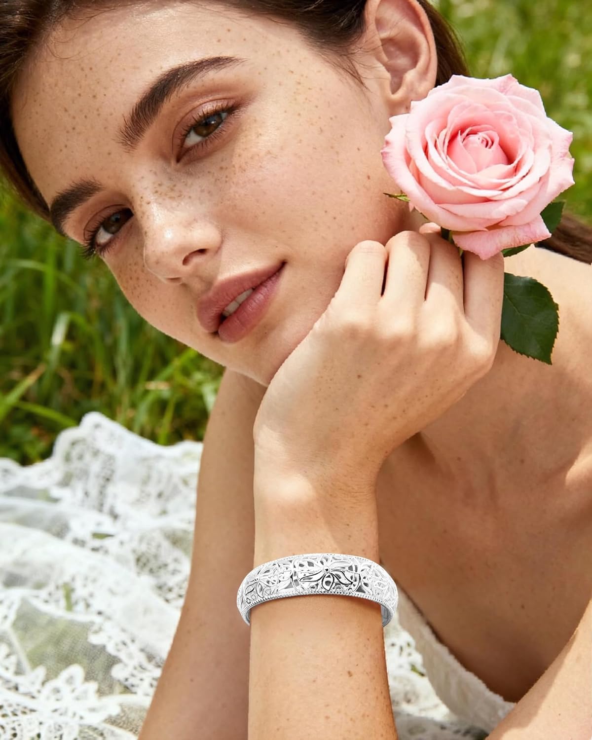 Sterling Silver Cuff Bracelet for Women - Intricate Floral Pattern Bangle, Bohemian Chunky Wide Silver Bracelet - Image 2