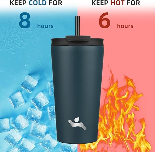 Miniatura 3 de Vaso aislado de 18 onzas con tapa y 2 pajillas, botella de agua de acero inoxidable, taza de viaje al vacío, taza de café, azul marino