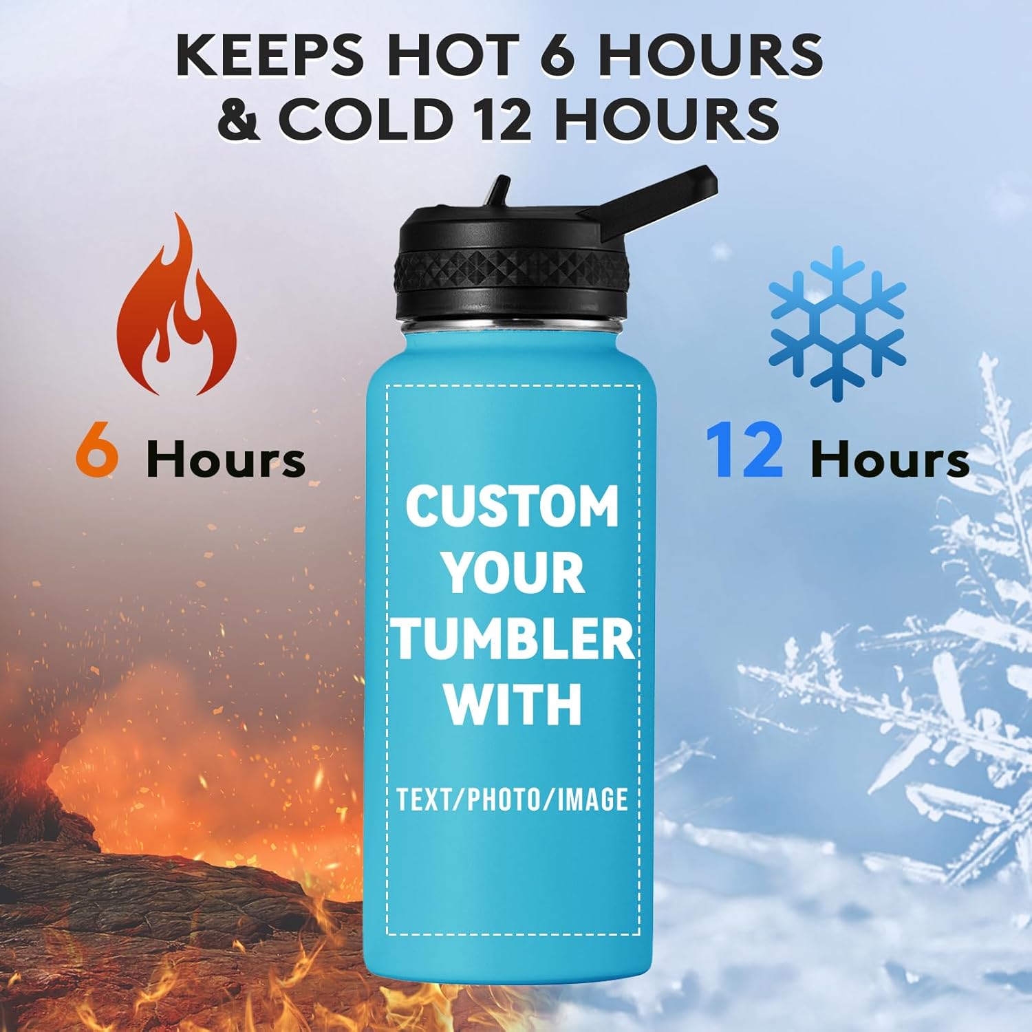 Personalized 32oz Water Bottle, Insulated Sport Water Bottle with Leak-proof Lid, Custom Water Bottle with Photo, Text, Logo, Print in USA, Blue, 1 Pack