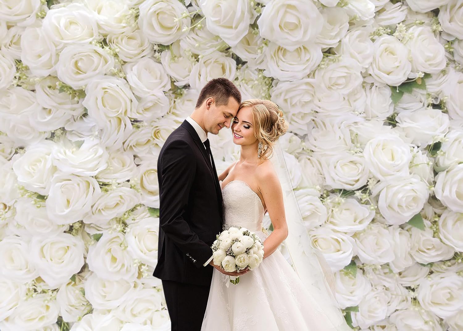 3x2.4m Toile de Fond Murale Fleur Rose Blanche Fond Photographique Filles Fête d'anniversaire Mariage Douceur de Mariage Décorations Portrait Photoshoot Bannière Photo Booth Props