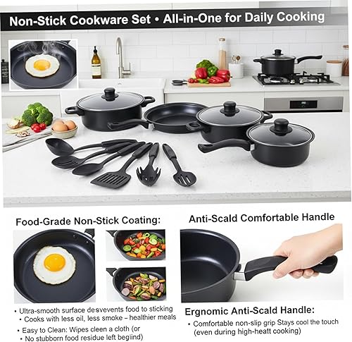 Miniatura 5 de Juego de ollas y sartenes antiadherentes, juego de utensilios de cocina de 13 piezas con sartenes, tapas de cacerola, espátula de cuchara y