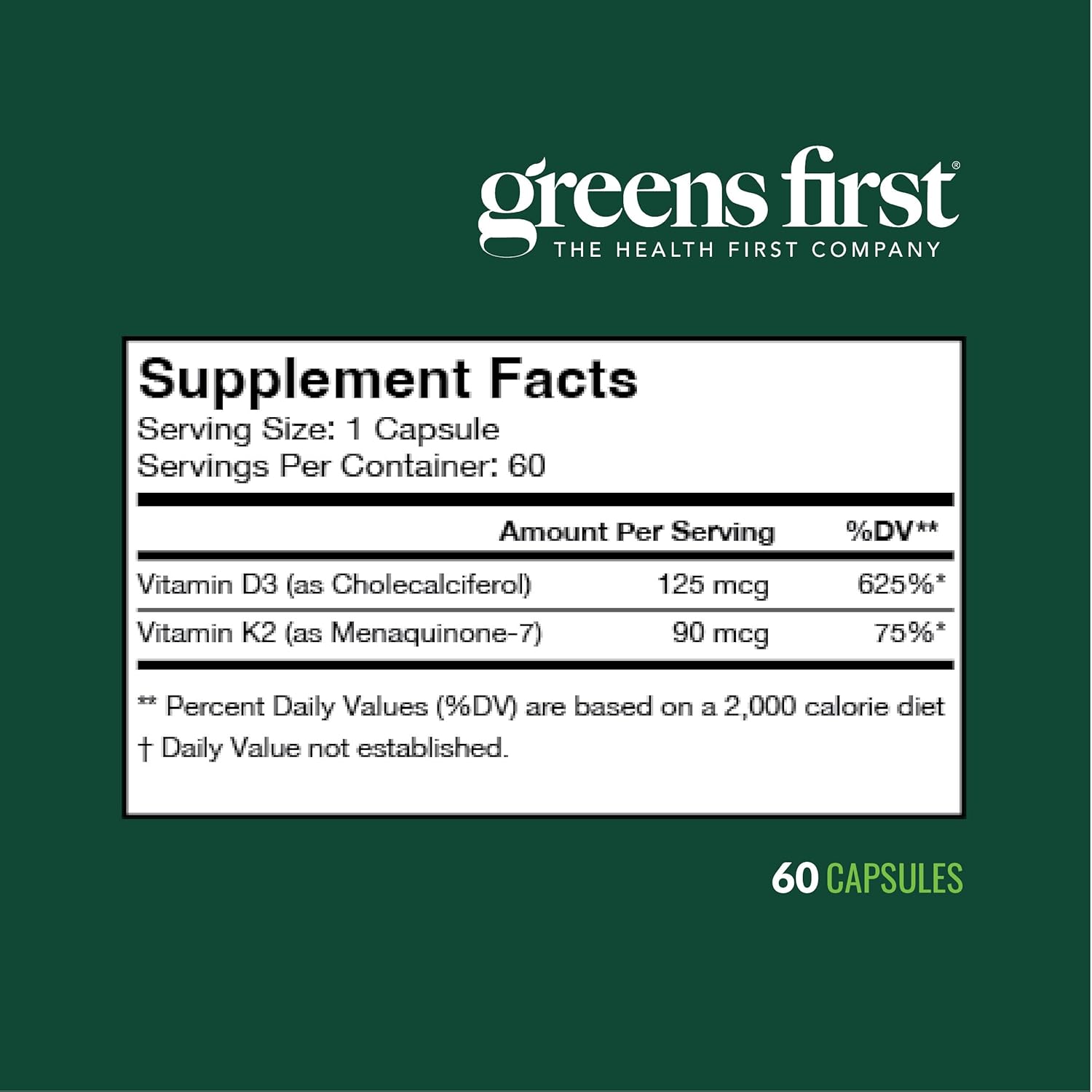 Greens First Vitamins D3+K2 - Support for Heart, Bone, Vascular and Immune Health - Made with Vitamin D3 & Vitamin K2-60 Vegetable Capsules