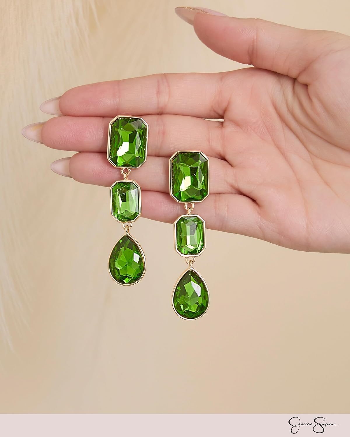 Jessica Simpson Emerald Green Drop Earrings for Women – Gold-Tone Triple Crystal Dangle Earrings – Elegant Teardrop Statement Jewelry - Image 3