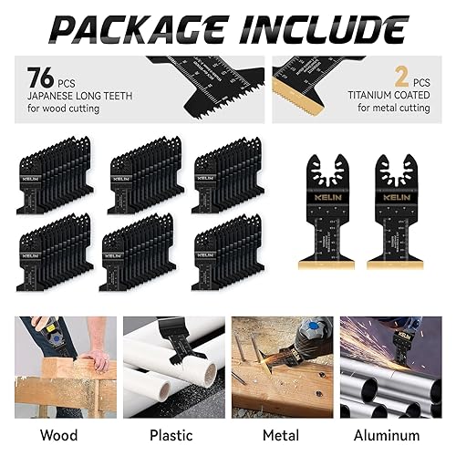 Miniatura 6 de KELIN 78 hojas de herramientas oscilantes con dientes largos japoneses para madera, cuchillas multiherramienta de alta eficiencia, hojas de sierra
