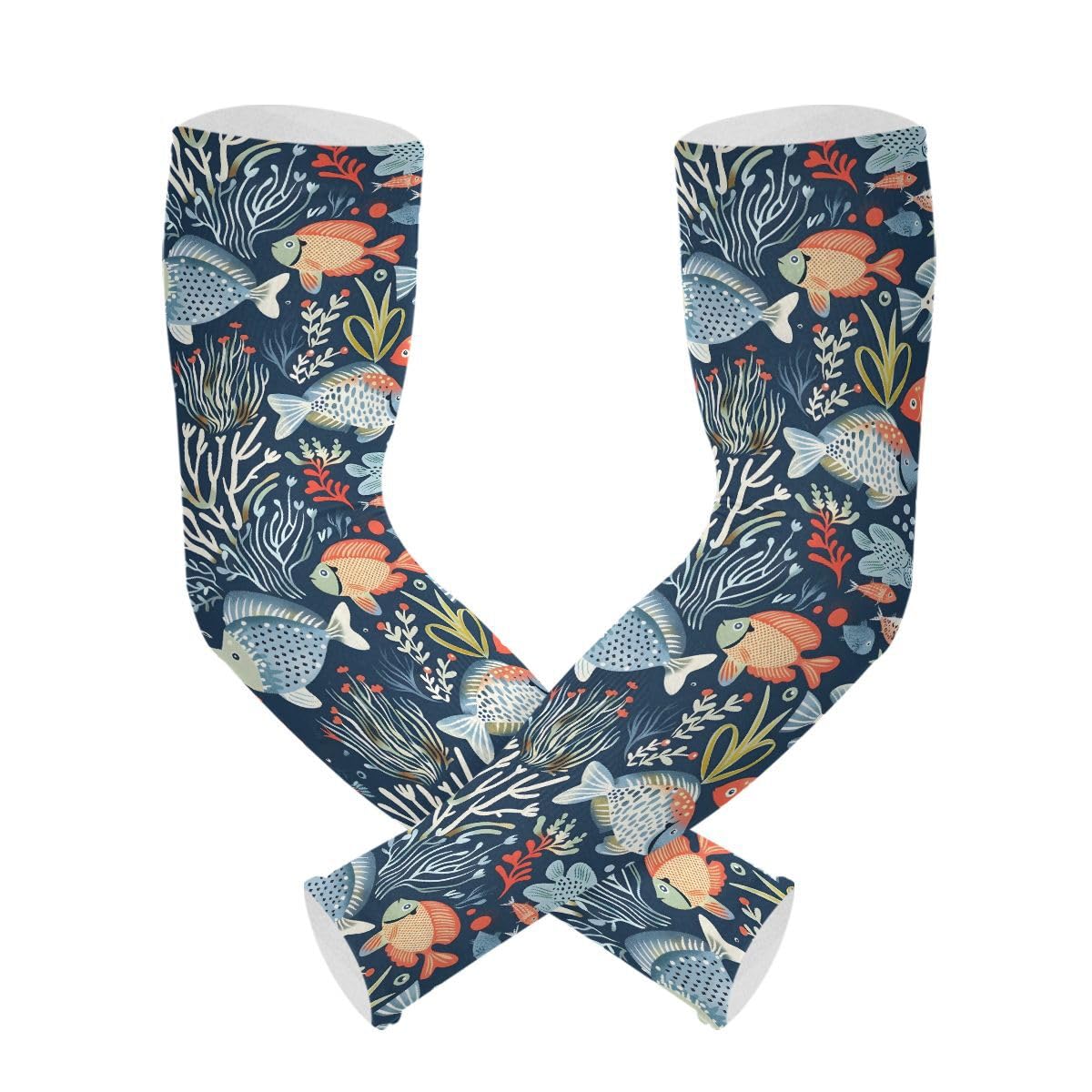 ALAZA Ocean Fish Navy Blue Gardening Sleeves Cooling Arm Sleeves Sun Protection Thumb Hole Arm Covers for Women Men