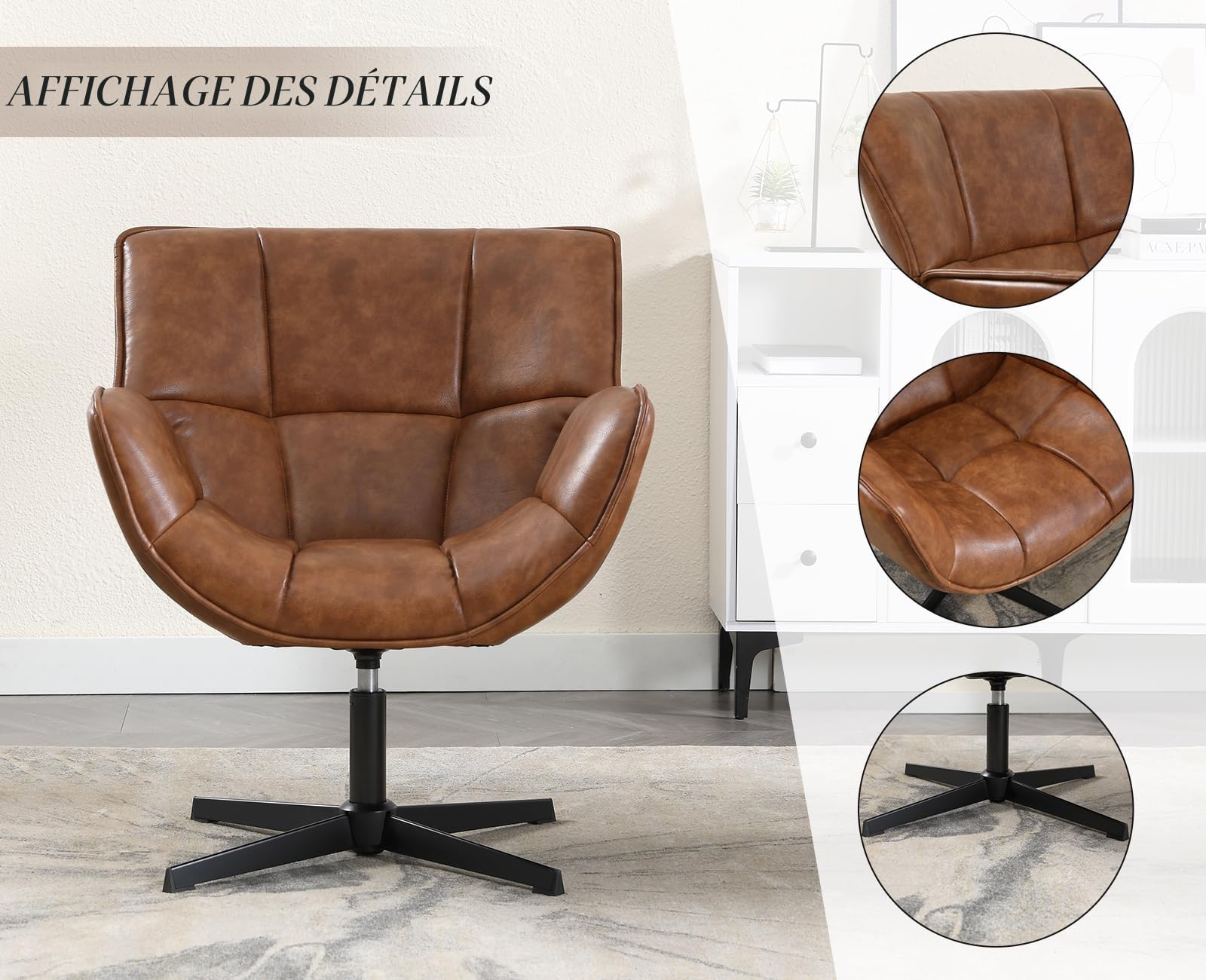 chairus Chaise Pivotante à 360° pour Chambre Chaises Coiffeuse Fauteuil Salon en Cuir PU Chaise de Bureau avec Pied Métal, Marron