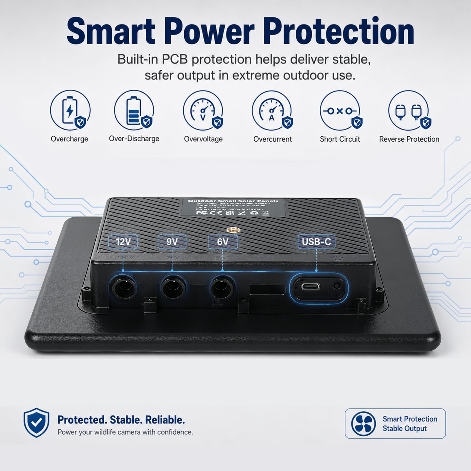 Solarpanel 12V/9V/6V mit Akku für Wildkamera, 6W, 8000mAh, IP66