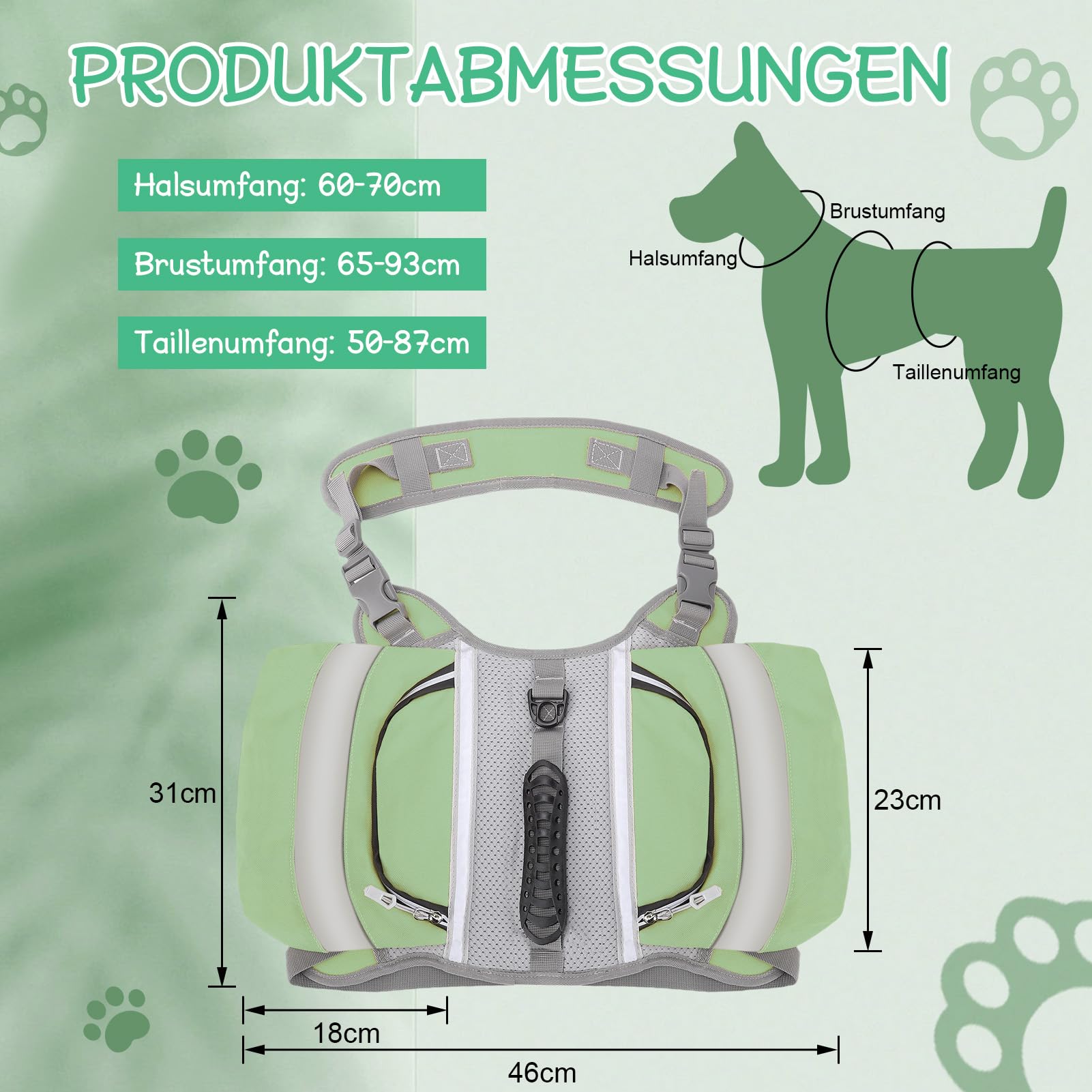 Zaino per cani, traspirante, robusto, con strisce riflettenti, 2 tasche laterali, impermeabile, per passeggiate, escursioni, allenamento (verde)
