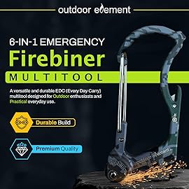 OUTDOOR ELEMENT Firebiner 6-in-1 Survival Multitool Carabiner EDC Keychain with EverSpark Fire Starter, Utility Blade, Bottle Opener & Screwdriver - Unique Gift for Outdoor Adventure - Camo Gray