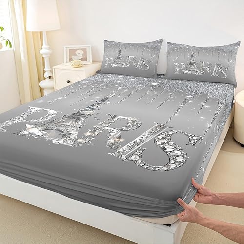 Miniatura 4 de Juego de sábanas de 4 piezas para niños, tamaño Queen, diseño romántico de diamantes con purpurina, diseño de arquitectura famosa de París, 4 piezas