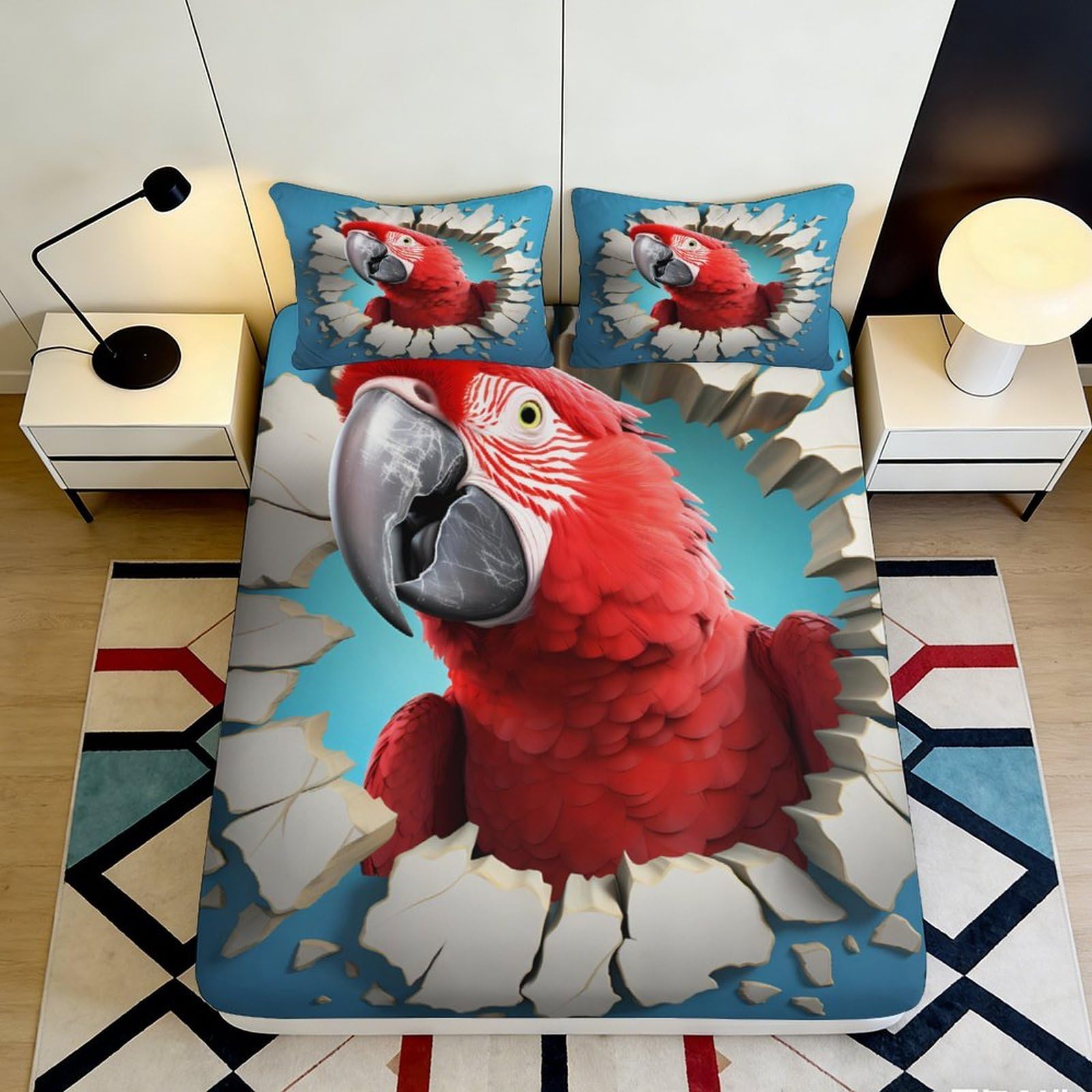 3D Printed Parrot Pattern Fitted Sheet Microfiber Deep Pocket Non-Slip Parrot Mattress Fitted Cover Full Wrap Washable Bedding 180x200x25cm